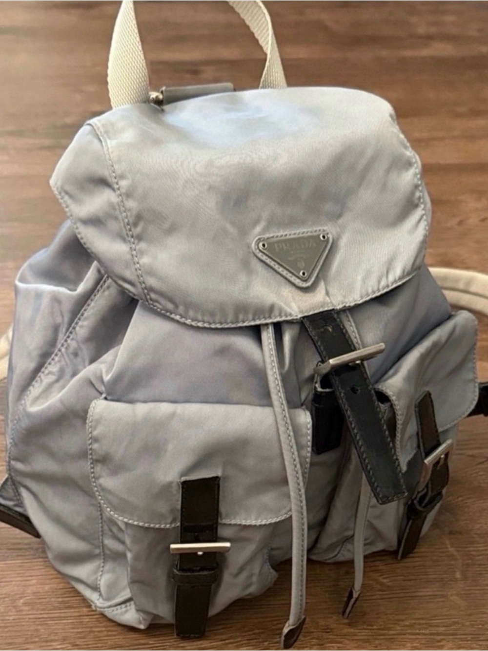Prada Vintage Light Gray Blue Modified Nylon Flap Drawstring Backpack